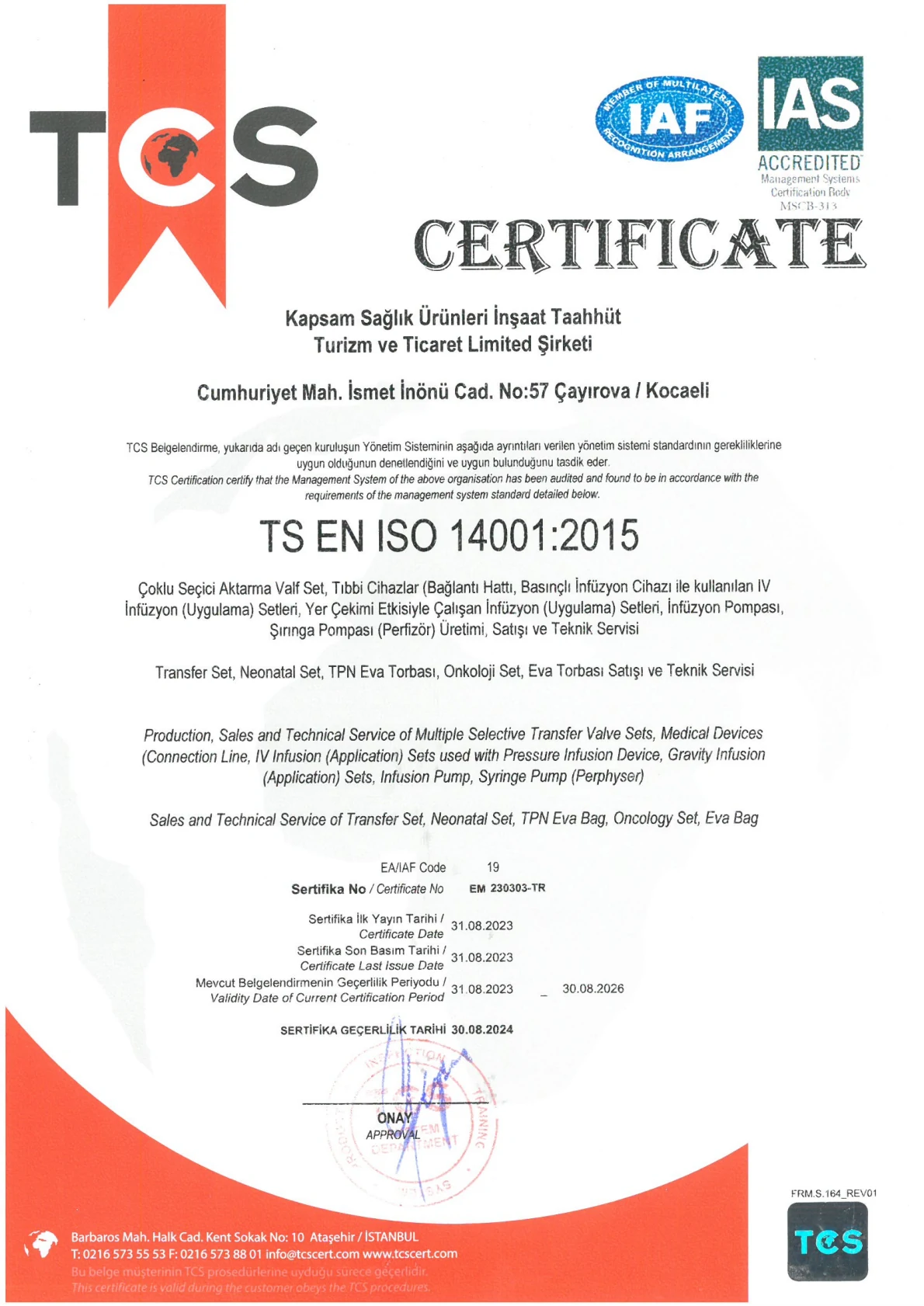 KAPSAM ISO 14001 Certificate